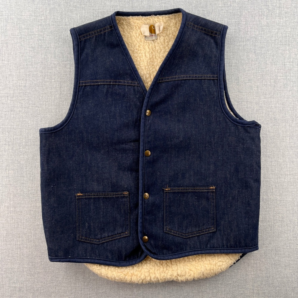 VTG 80s  Carhartt 8SVL Denim Sherpa Lined Vest Mens Large Tall LT Blue USA Made